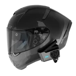 Bluarmor C30 helmet communication device mounted on motorcycle helmet