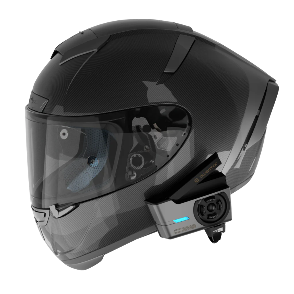 Bluarmor C30 helmet communication device mounted on motorcycle helmet